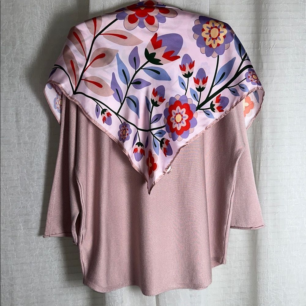 CR XL Pink Crew Dolman Quarter Sleeve Fine Knit Sweater Square Floral Scarf Set - Picture 2 of 12